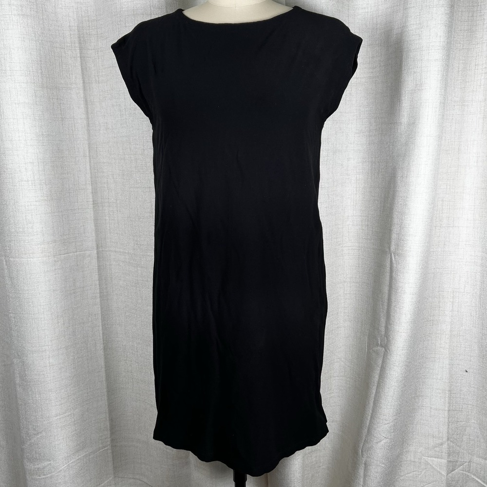 Eileen Fisher Crepe Shift Dress Black Side Zip Slit Classic Career Size XS